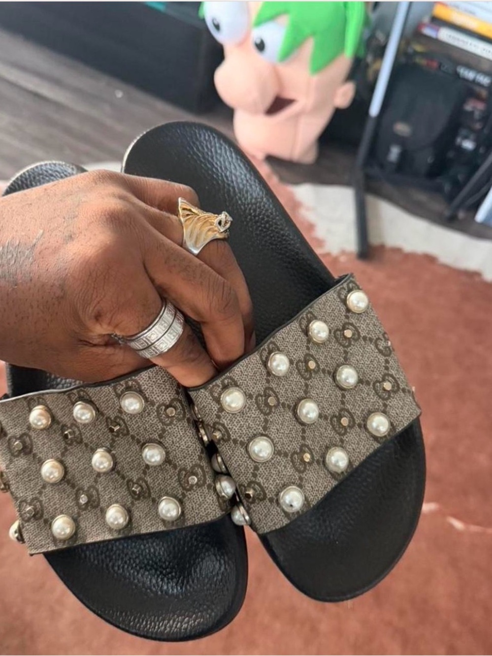 Gucci Brown Monogram Pearl-Stud Slide Sandals